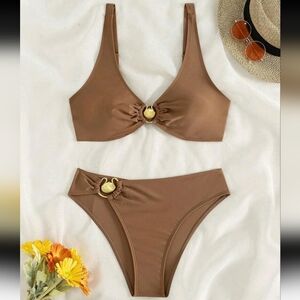NWOT 2 Piece Gold Shell Trim Solid Bikini Set Brown, L (8-10)